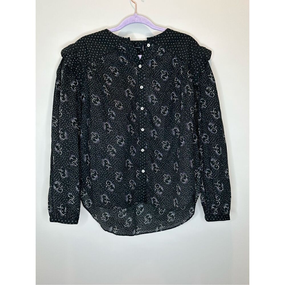 NWT Magali Pascal Anthropologie Angie Shirt Black Button Up Ruffle Shoulder Size
